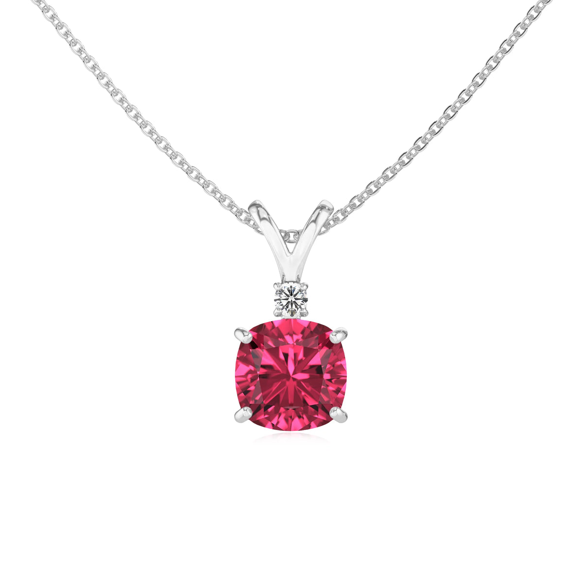 lab grown pink-tourmaline cushion solitaire v-bale necklaces in platinum 