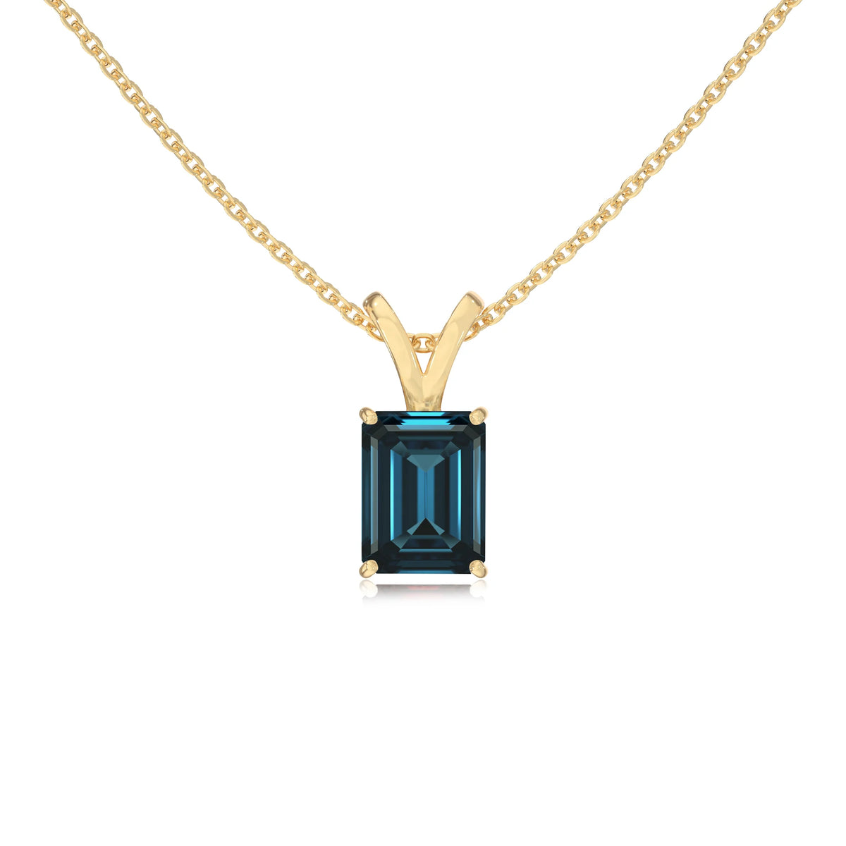 natural london-blue-topaz emerald cut solitaire v-bale necklaces in yellow gold 