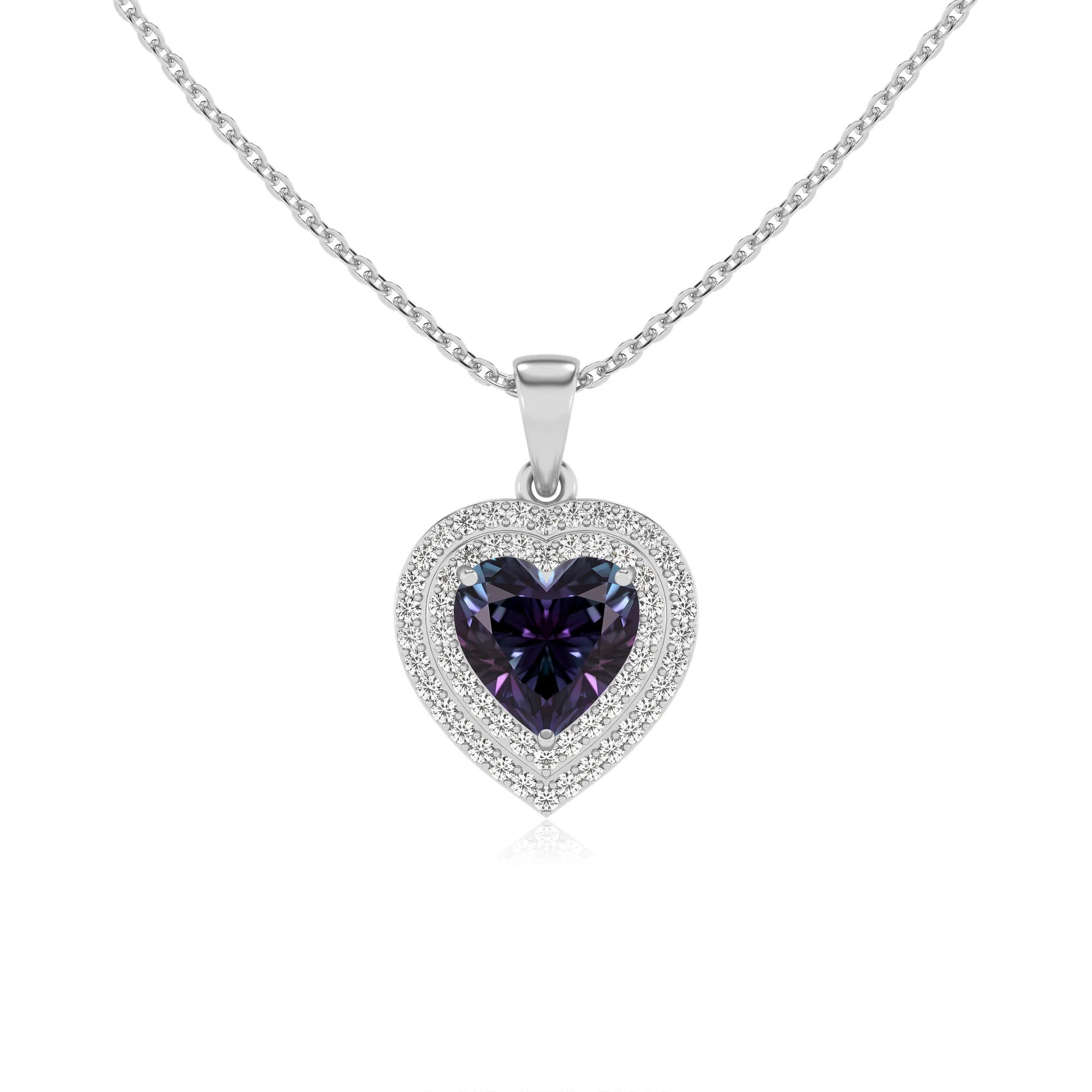lab grown alexandrite heart halo necklaces in sterling silver 