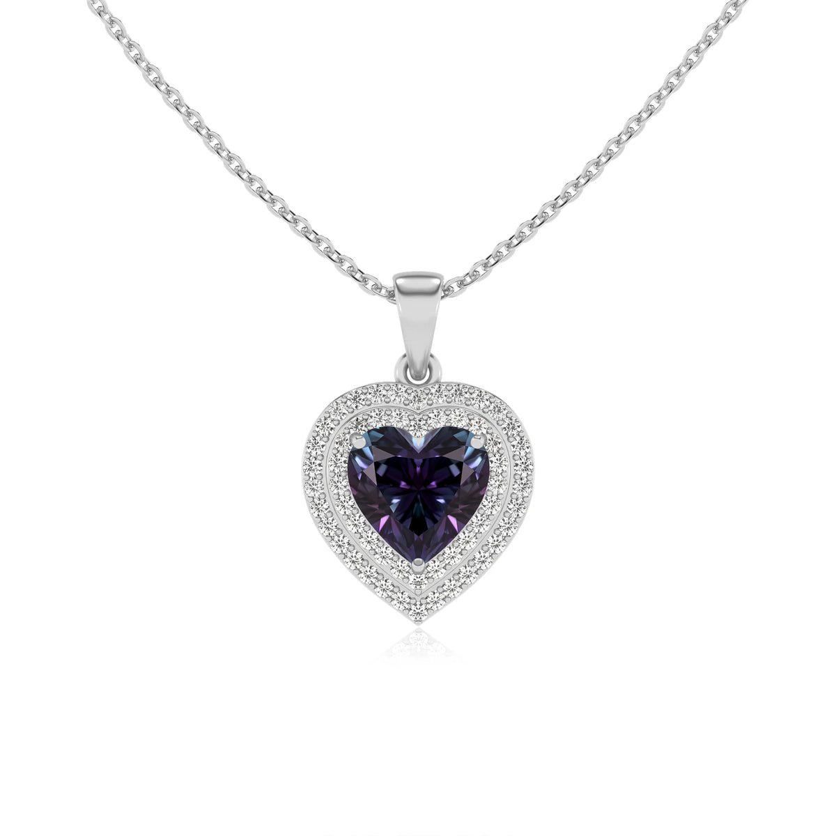 lab grown alexandrite heart halo necklaces in sterling silver 