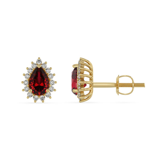 lab grown ruby pear stud earrings in yellow gold 