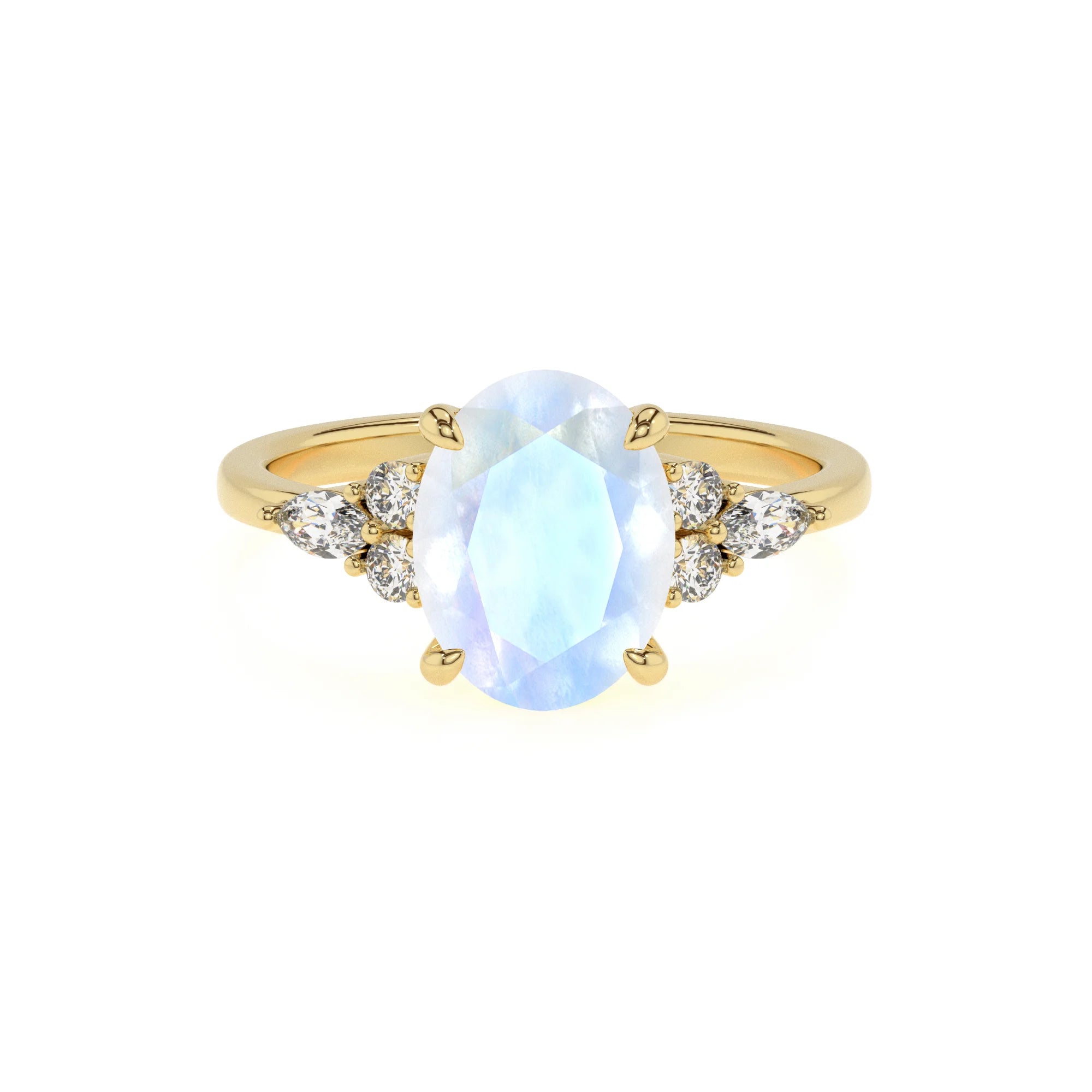 natural rainbow-moonstone oval solitaire rings in yellow gold 