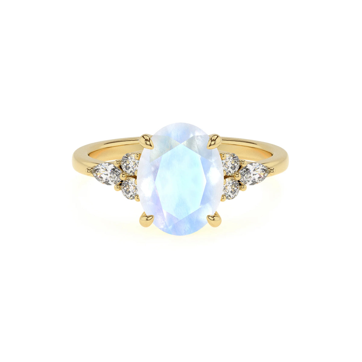natural rainbow-moonstone oval solitaire rings in yellow gold 