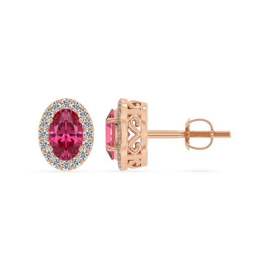 lab grown pink tourmaline oval stud earrings in rose gold 