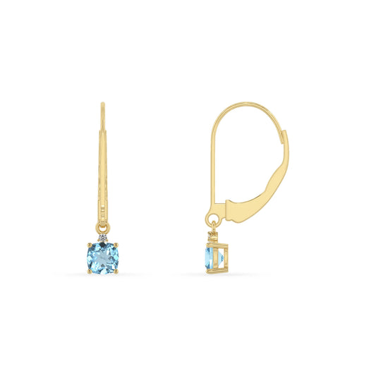 lab grown aquamarine cushion drop earrings in yellow gold 