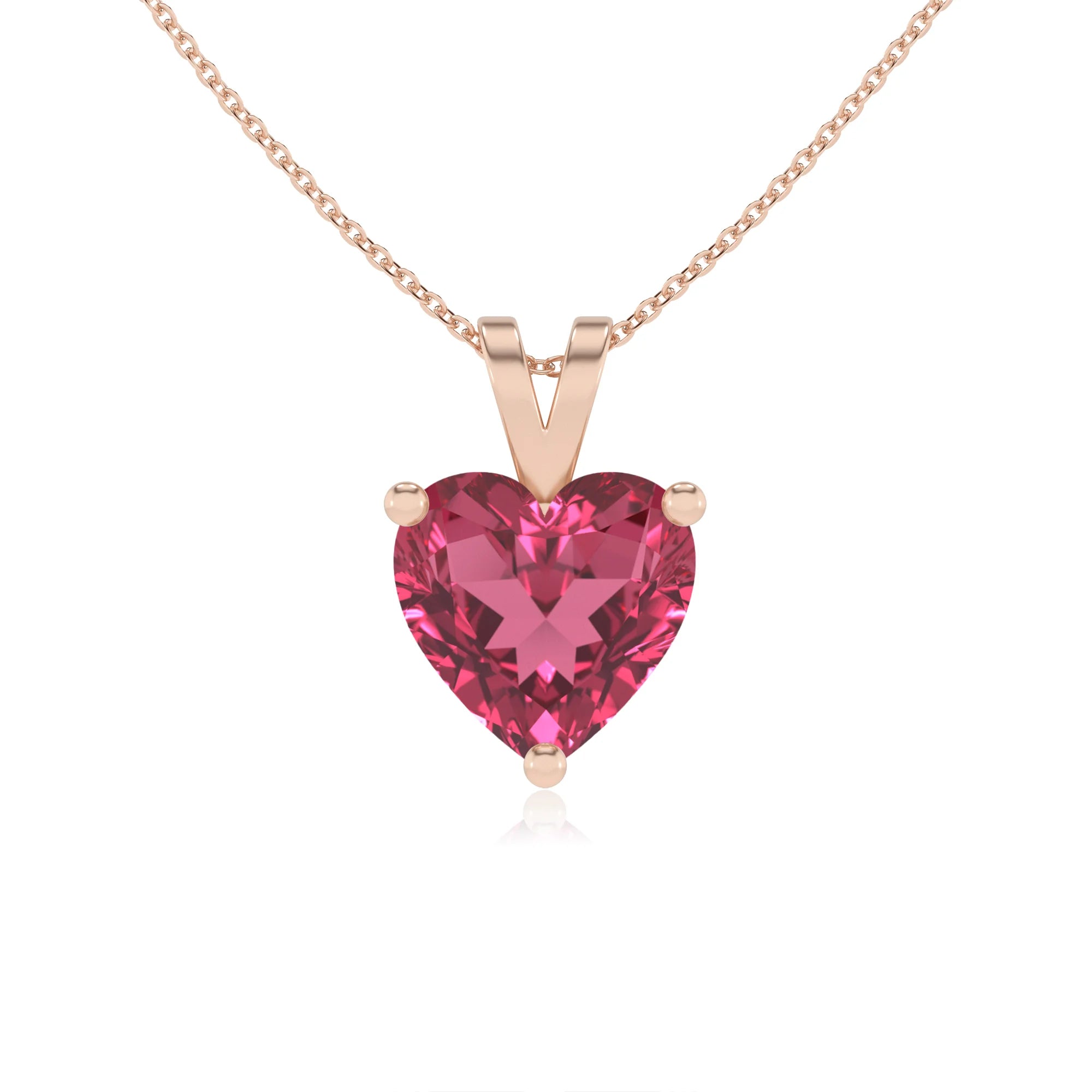 lab grown pink-tourmaline heart solitaire v-bale necklaces in rose gold 