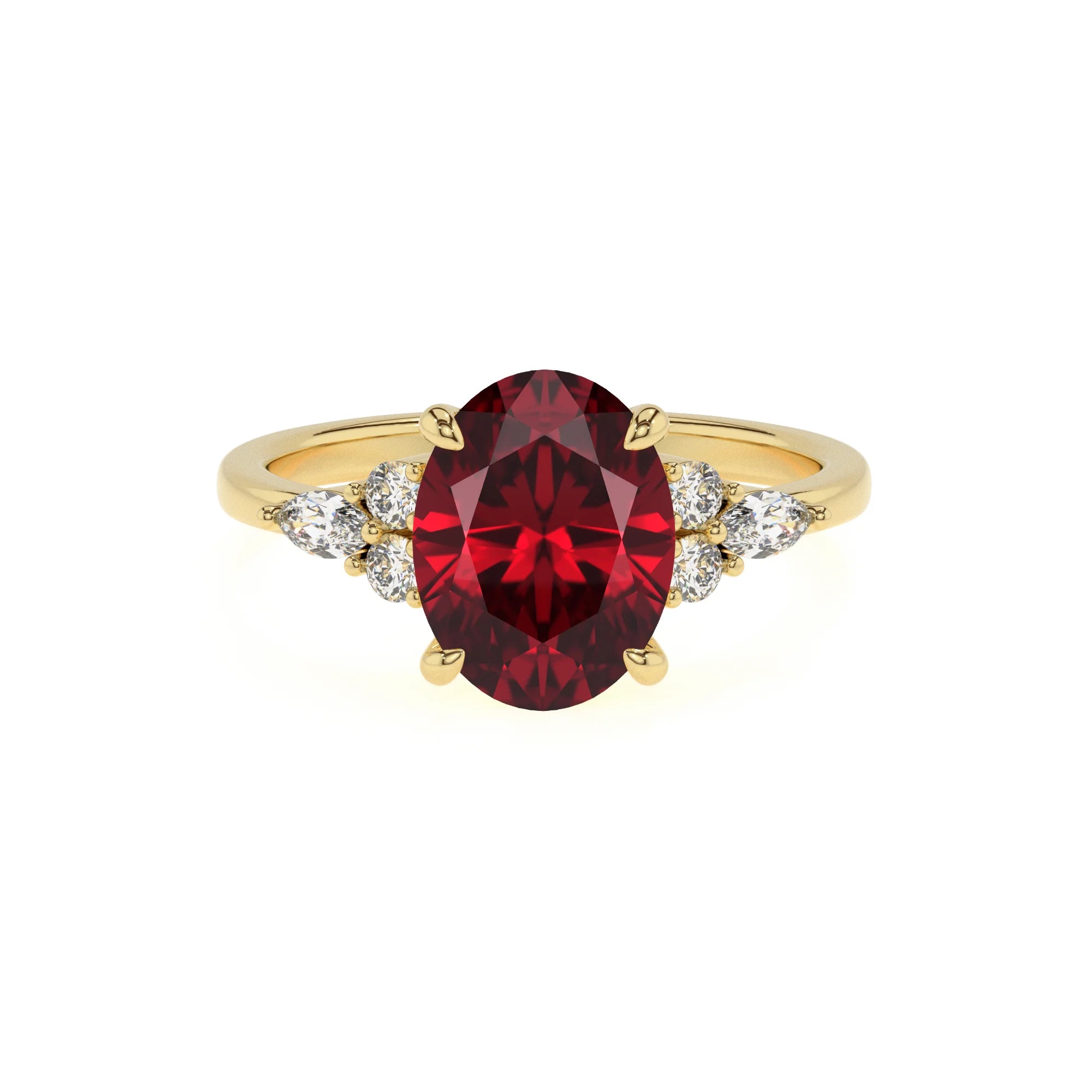 lab grown ruby oval solitaire rings in yellow gold 