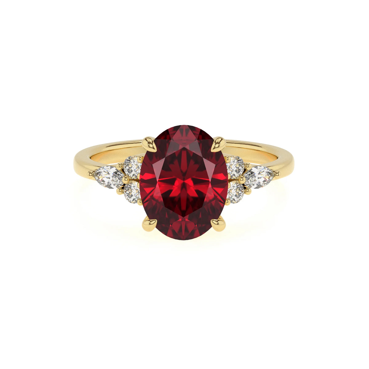 lab grown ruby oval solitaire rings in yellow gold 