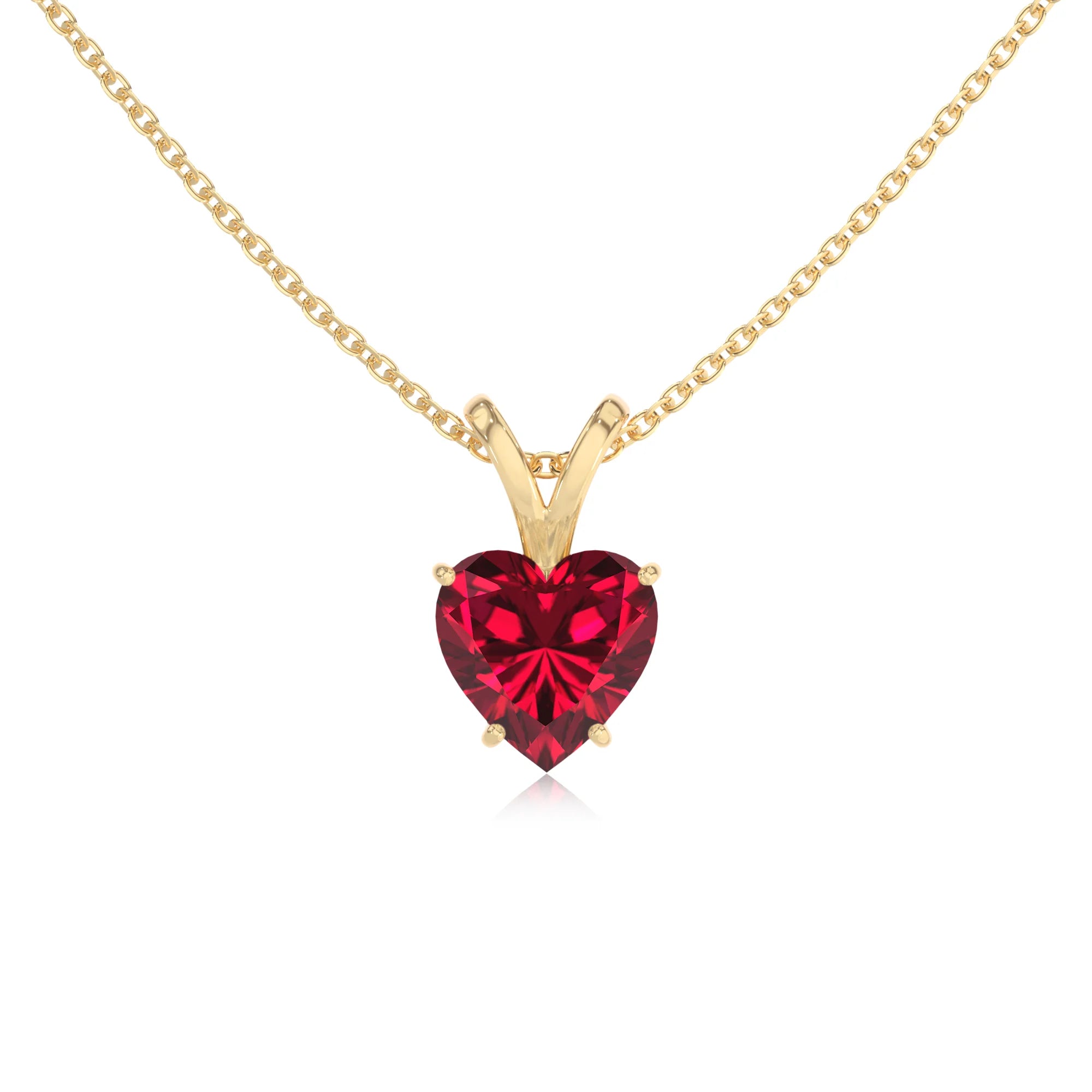 lab grown ruby heart solitaire v-bale necklaces in yellow gold 