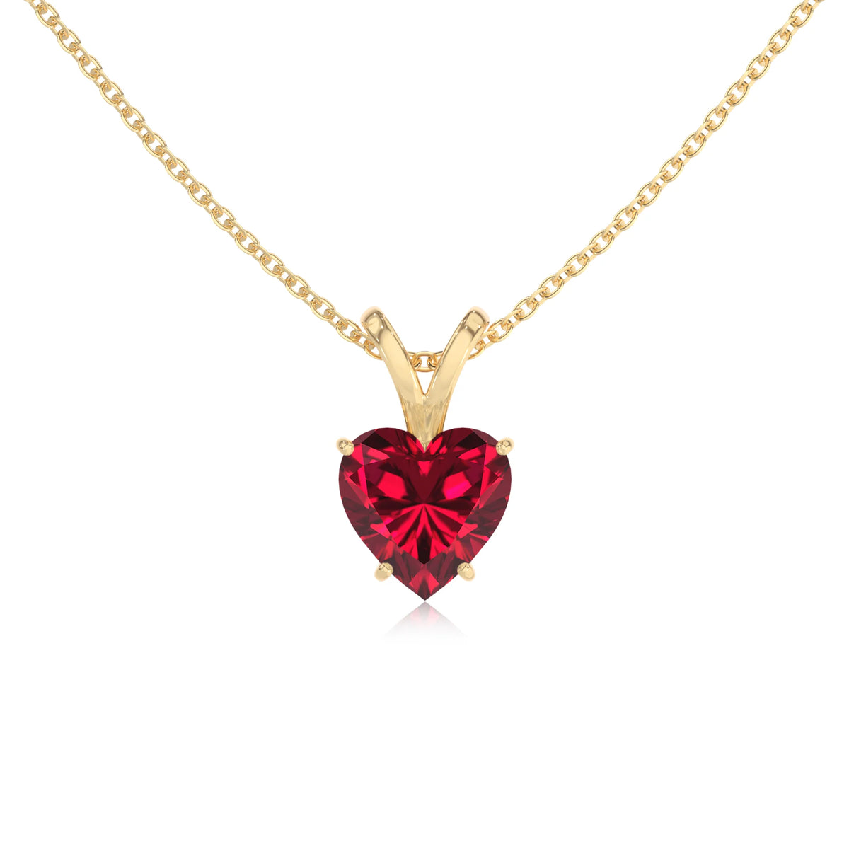 lab grown ruby heart solitaire v-bale necklaces in yellow gold 