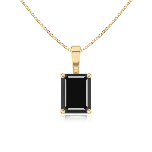 natural black-onyx emerald cut solitaire necklaces in yellow gold 