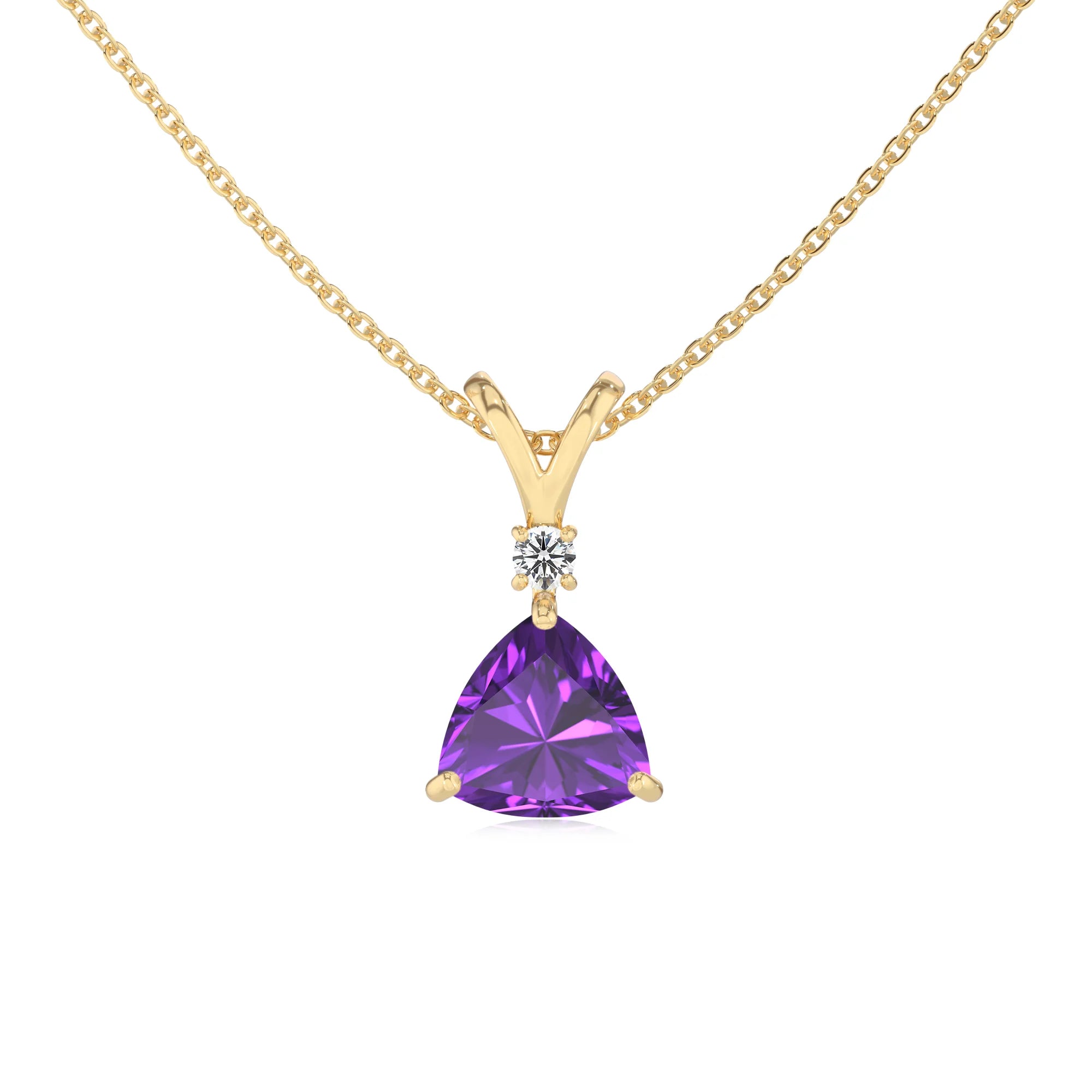 lab grown amethyst trillion solitaire v-bale necklaces in yellow gold 