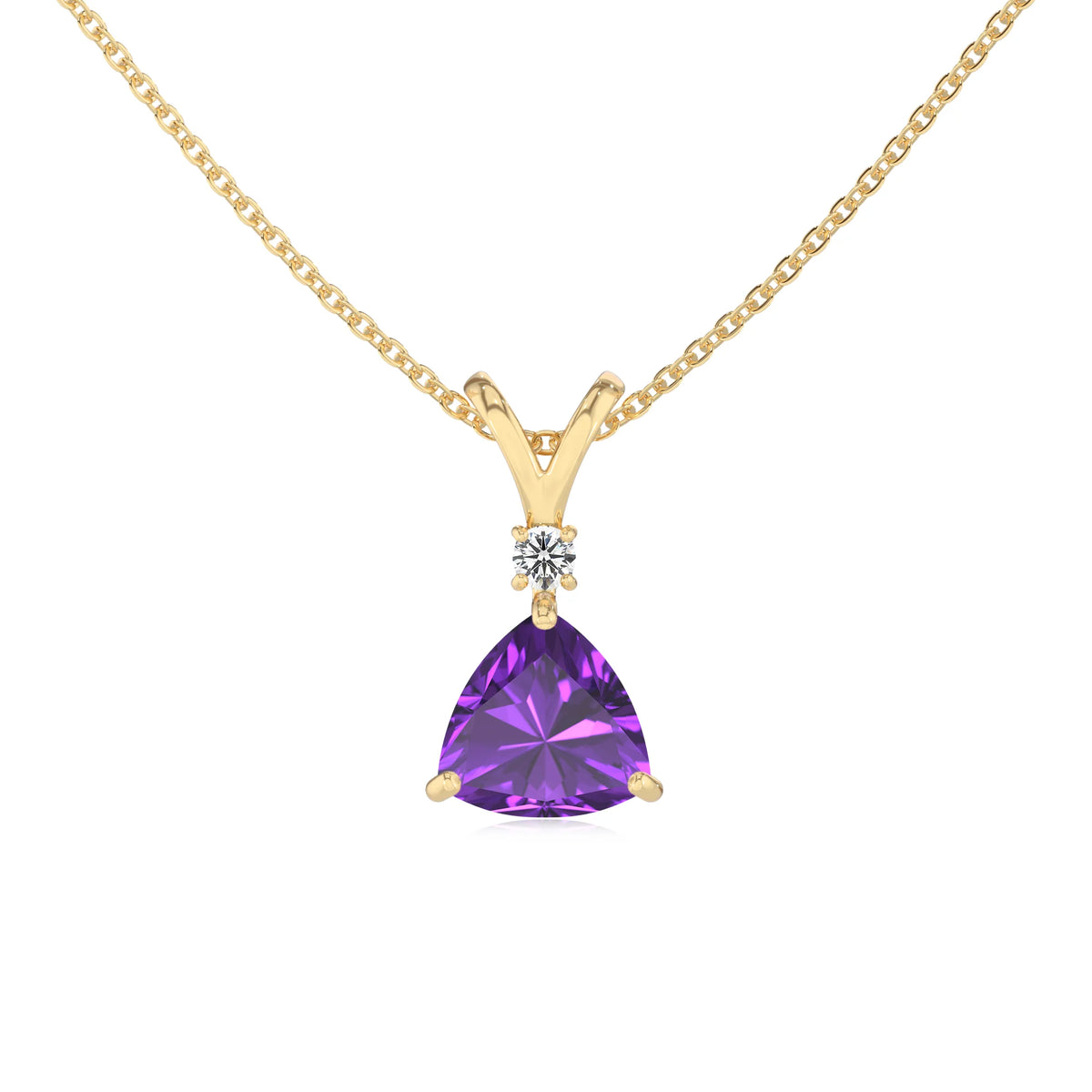 lab grown amethyst trillion solitaire v-bale necklaces in yellow gold 