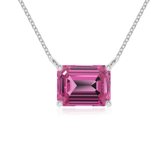 lab grown pink-sapphire emerald cut solitaire necklaces in sterling silver 