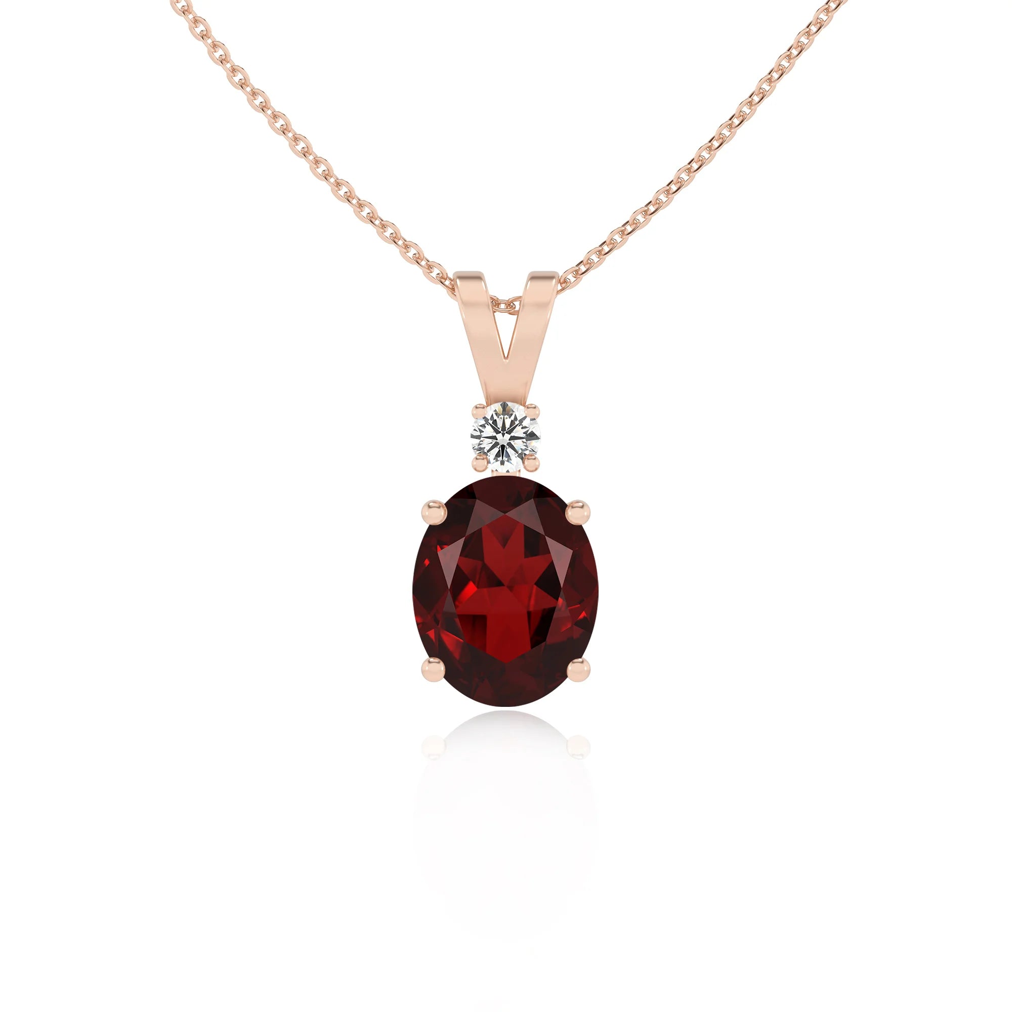 natural garnet oval solitaire v-bale necklaces in rose gold 