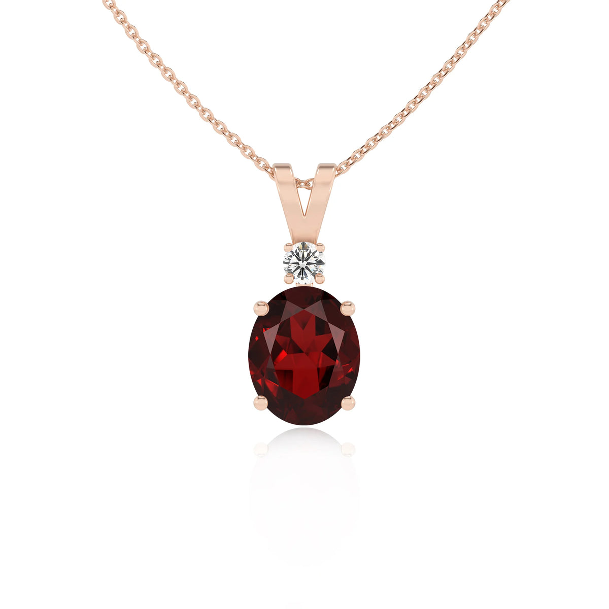 natural garnet oval solitaire v-bale necklaces in rose gold 
