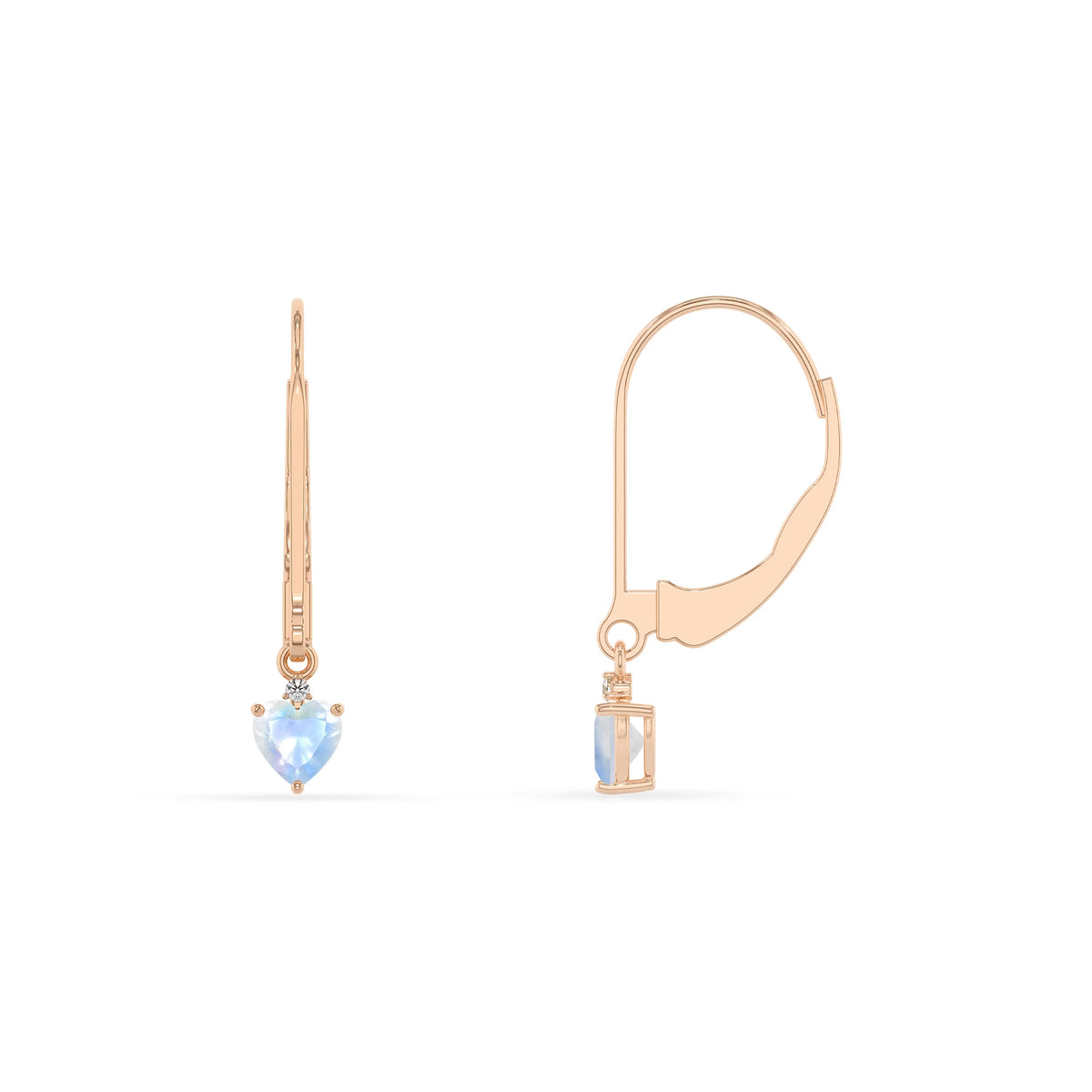 natural rainbow moonstone heart drop earrings in rose gold 