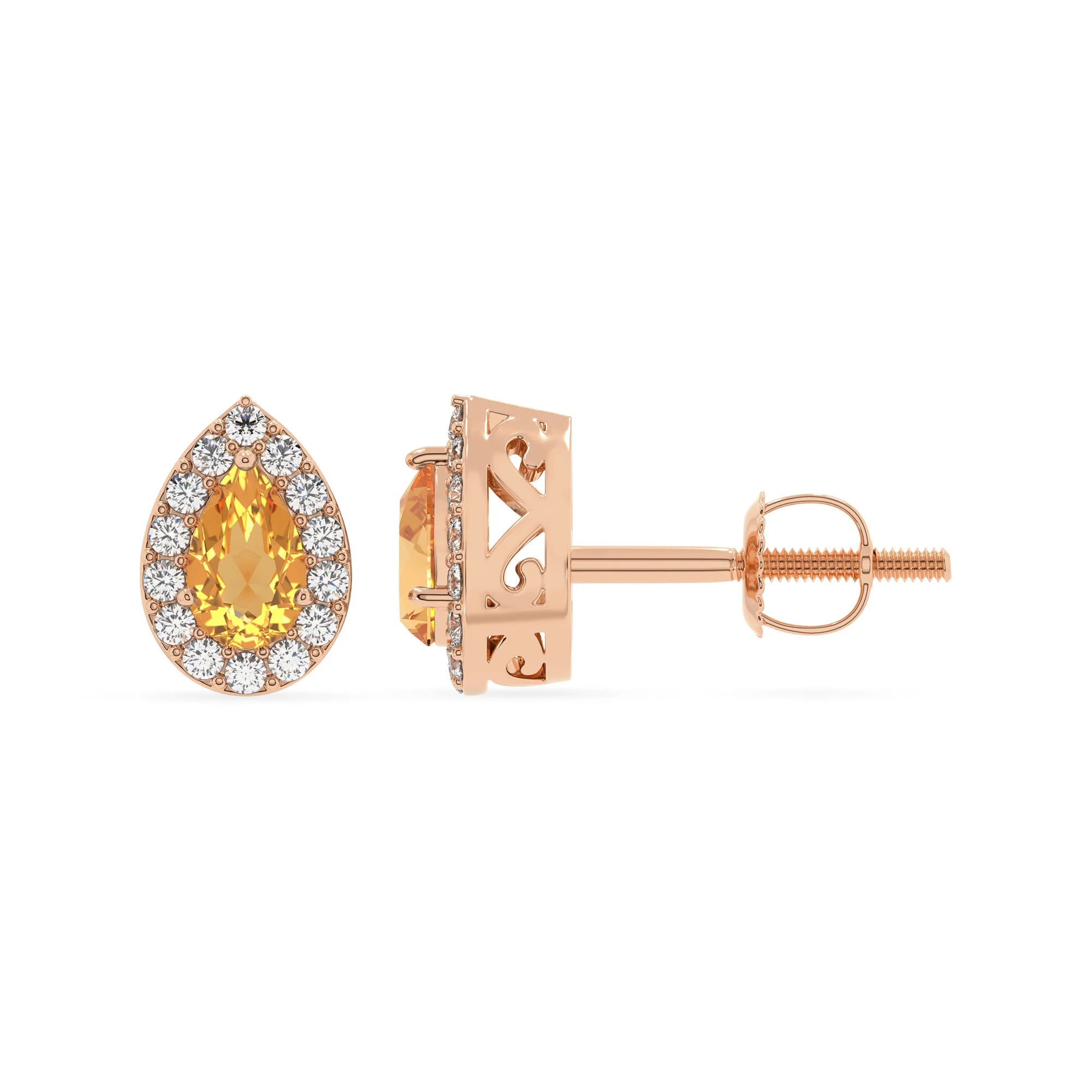 lab grown citrine pear stud earrings in rose gold 