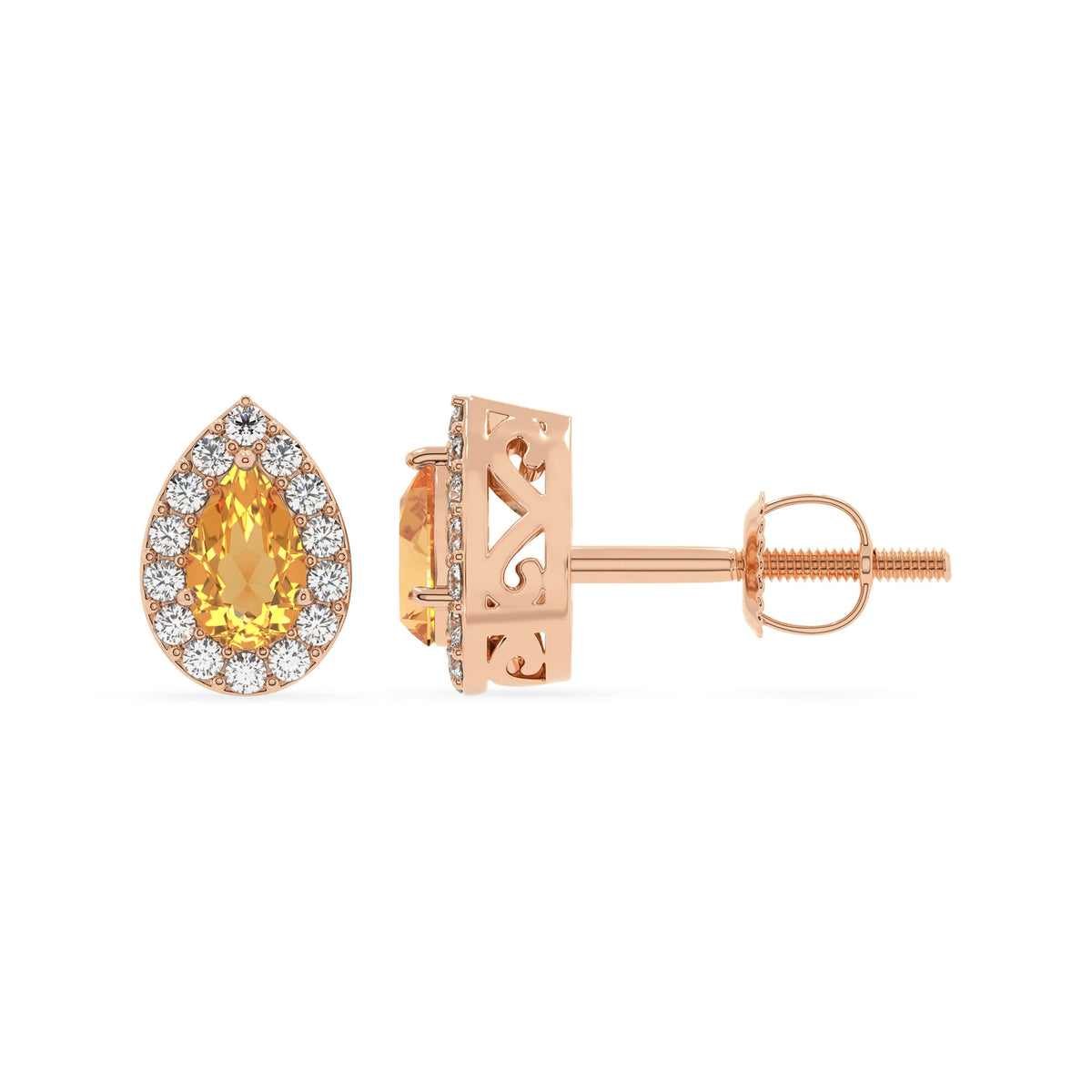 lab grown citrine pear stud earrings in rose gold 