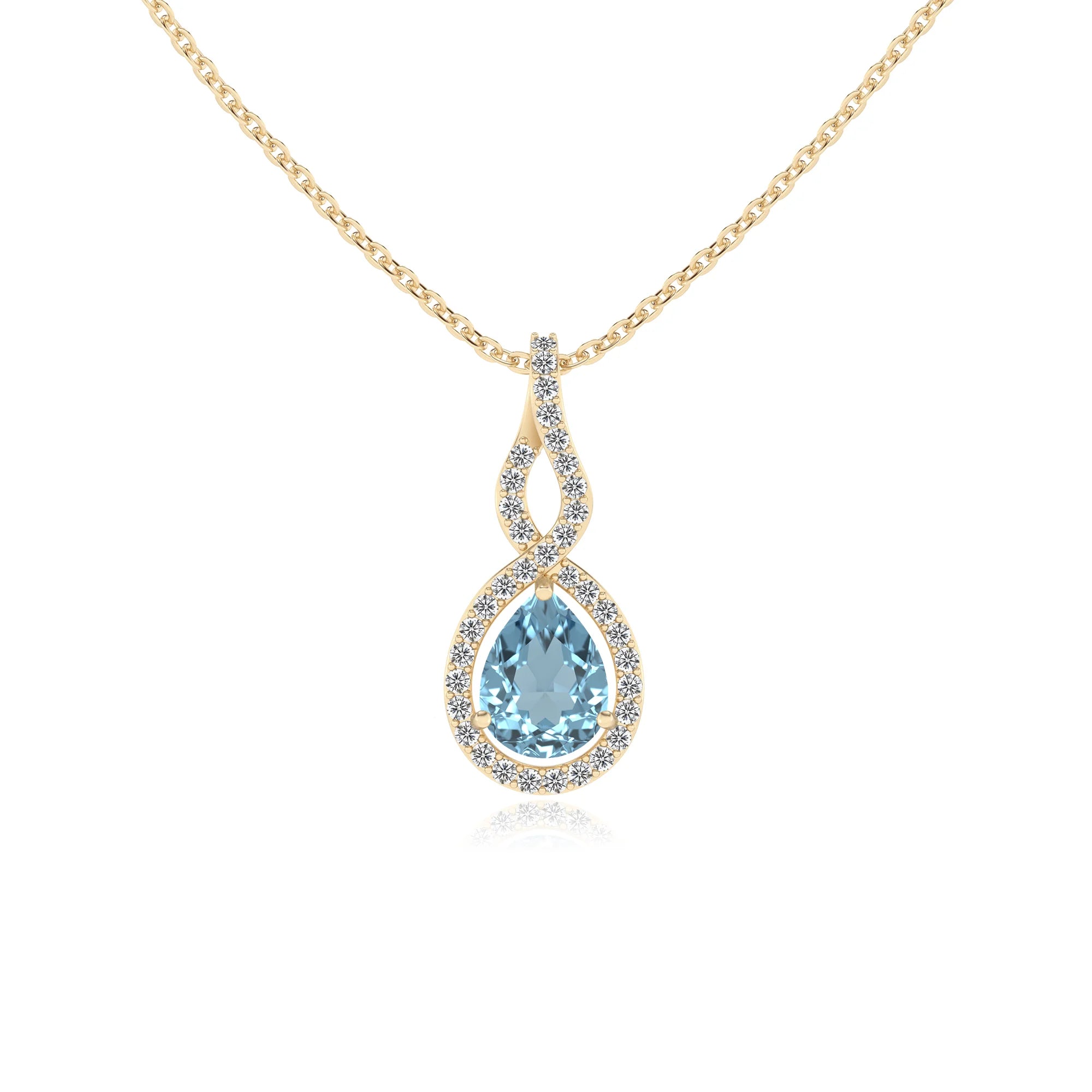 lab grown aquamarine pear necklaces in yellow gold 