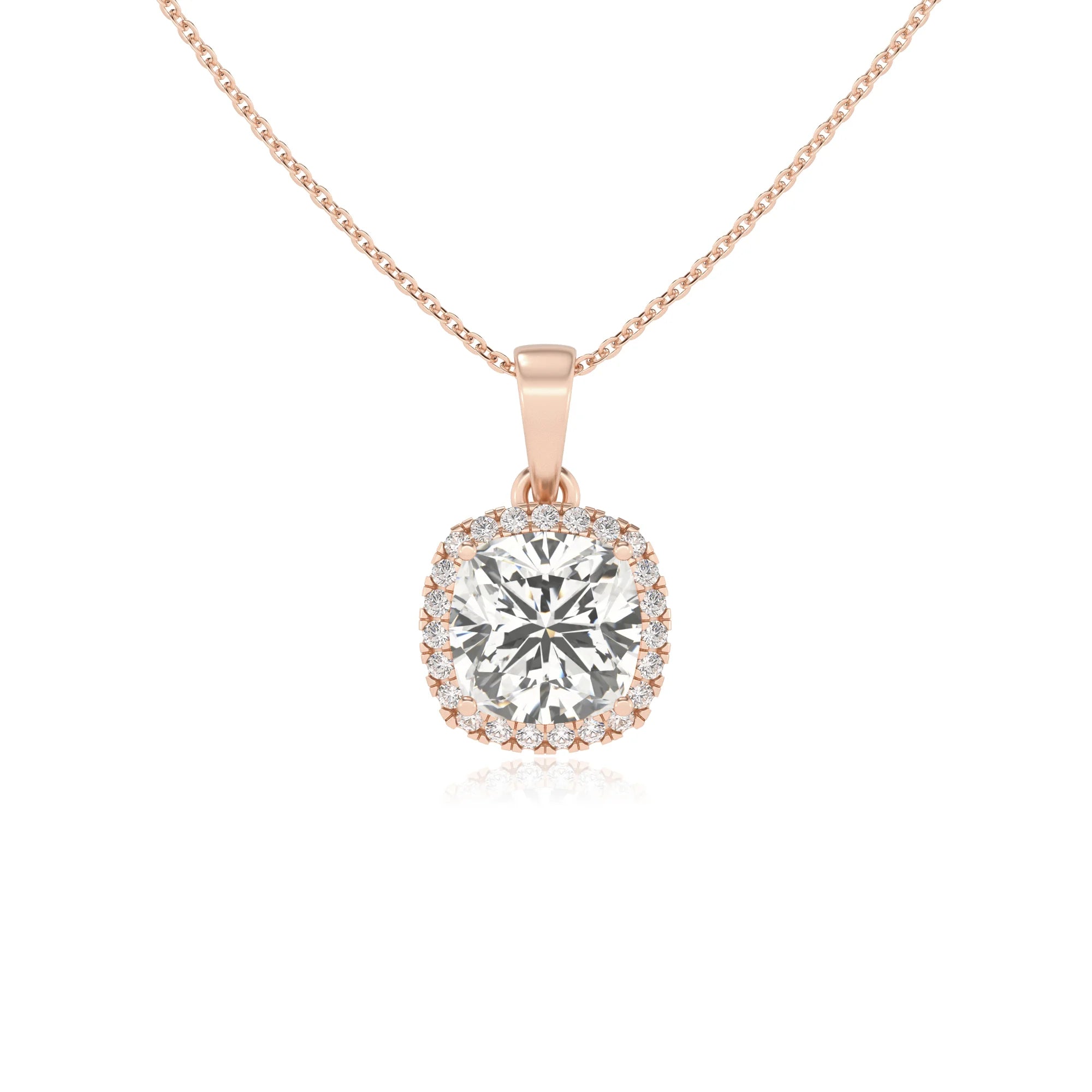 lab grown moissanite cushion solitaire necklaces in rose gold 