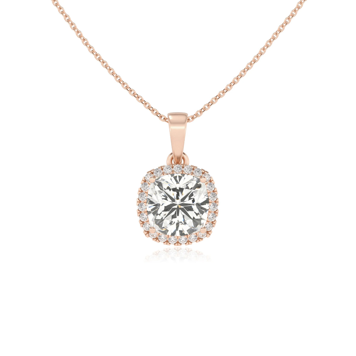 lab grown moissanite cushion solitaire necklaces in rose gold 