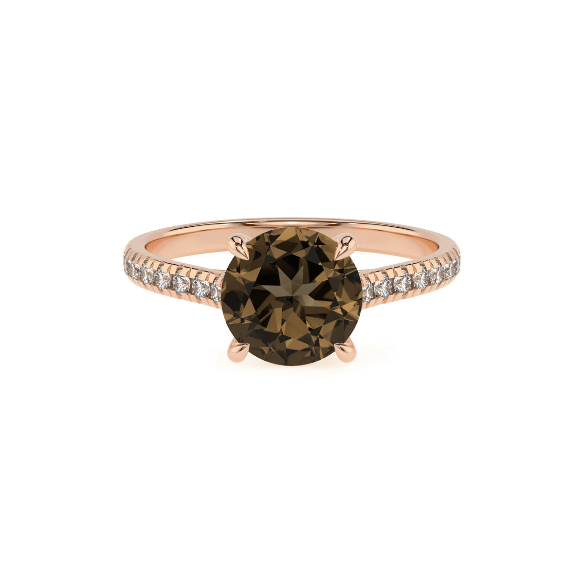 natural smoky-quartz round half eternity solitaire engagement rings in rose gold 