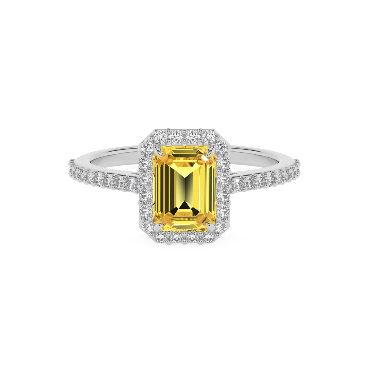 lab grown yellow-sapphire emerald cut solitaire rings in platinum 