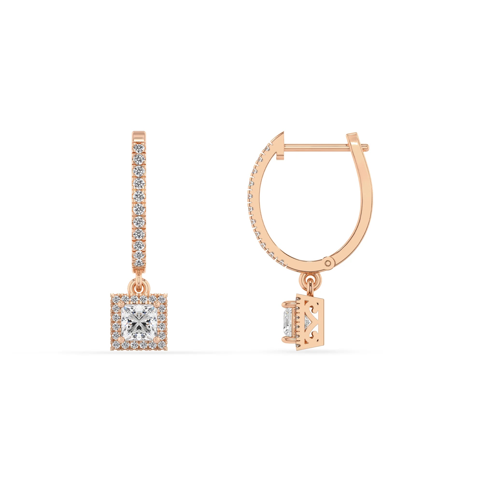 lab grown moissanite princess drop earrings in rose gold 
