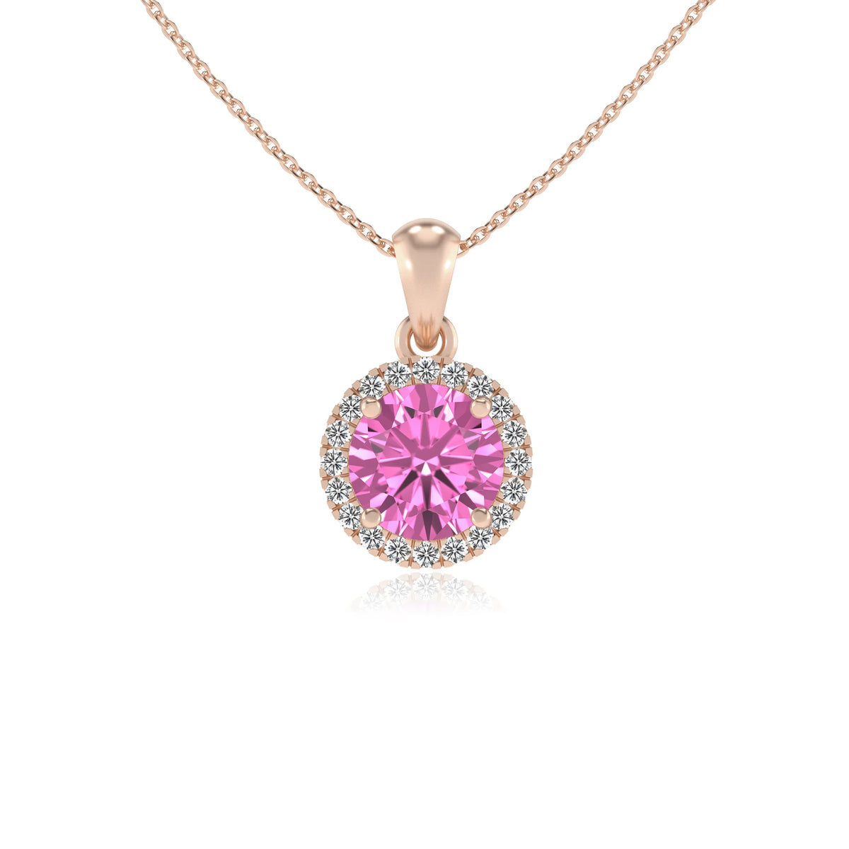 lab grown pink-sapphire round solitaire necklaces in rose gold 