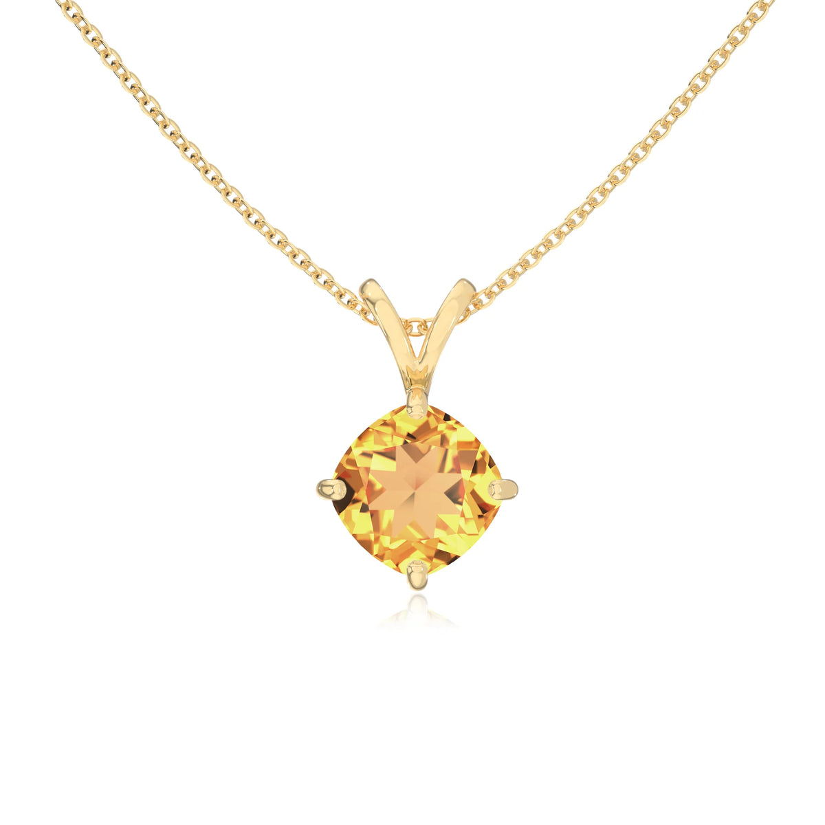 lab grown citrine cushion solitaire v-bale necklaces in yellow gold 