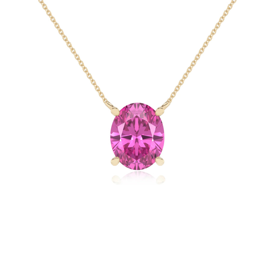lab grown pink-sapphire oval solitaire necklaces in yellow gold 