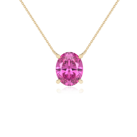 lab grown pink-sapphire oval solitaire necklaces in yellow gold 