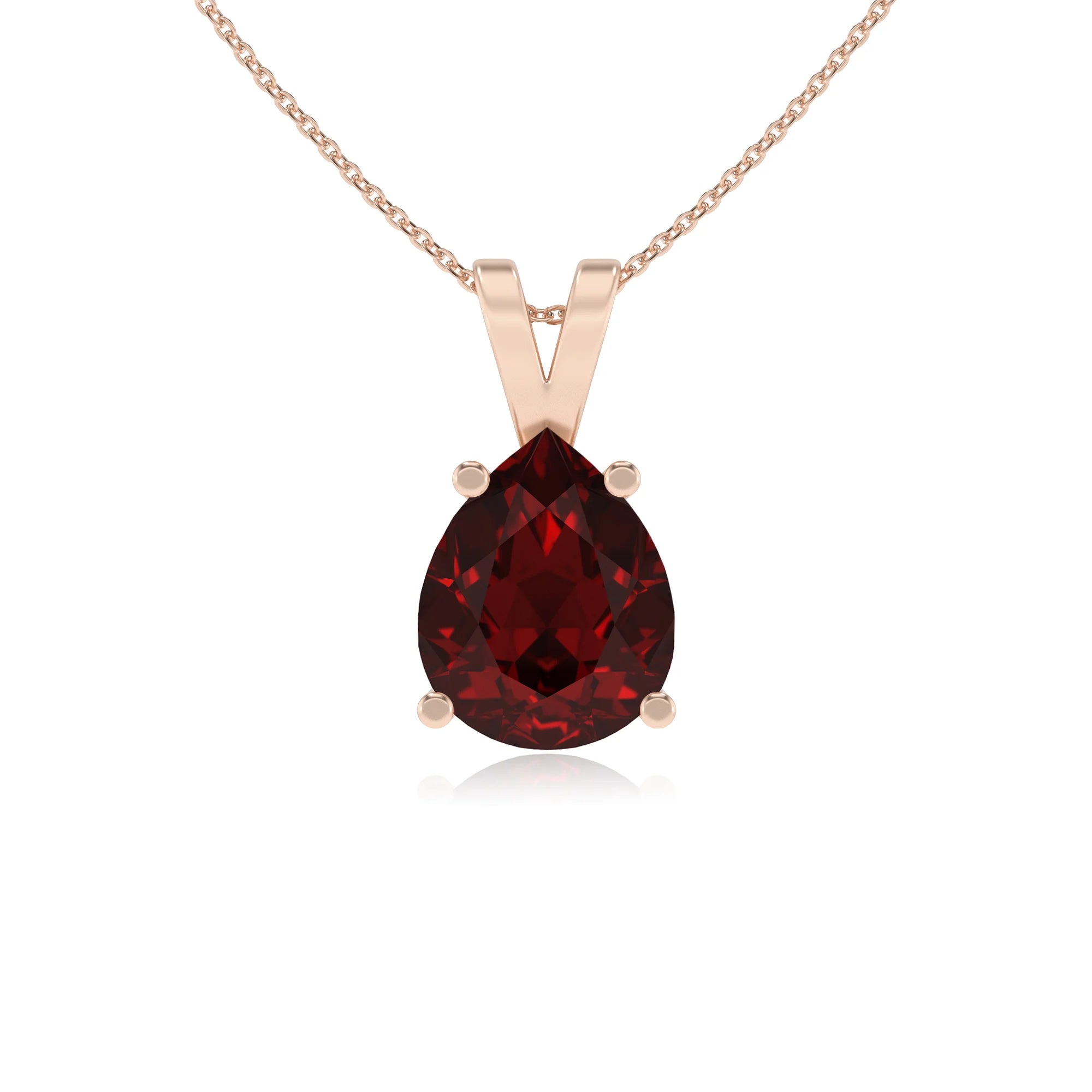 natural garnet pear solitaire v-bale necklaces in rose gold 