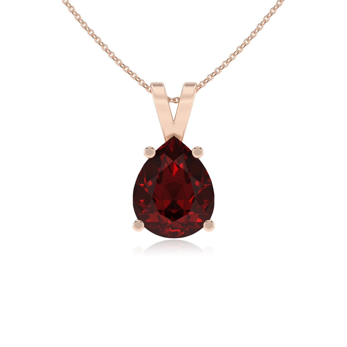 natural garnet pear solitaire v-bale necklaces in rose gold 