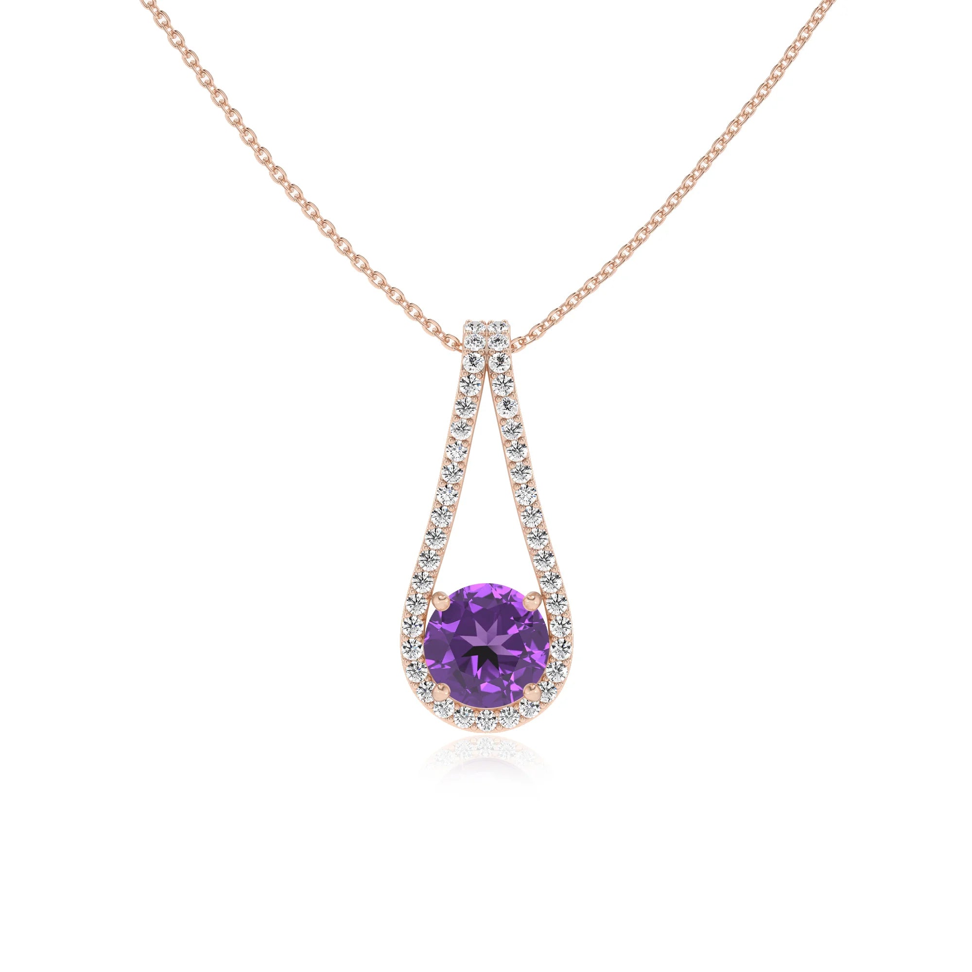 lab grown amethyst round solitaire v-bale necklaces in rose gold 