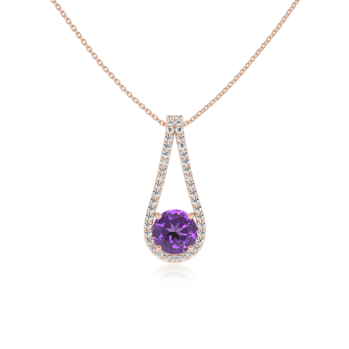 lab grown amethyst round solitaire v-bale necklaces in rose gold 