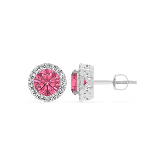 lab grown pink tourmaline round stud earrings in white gold 