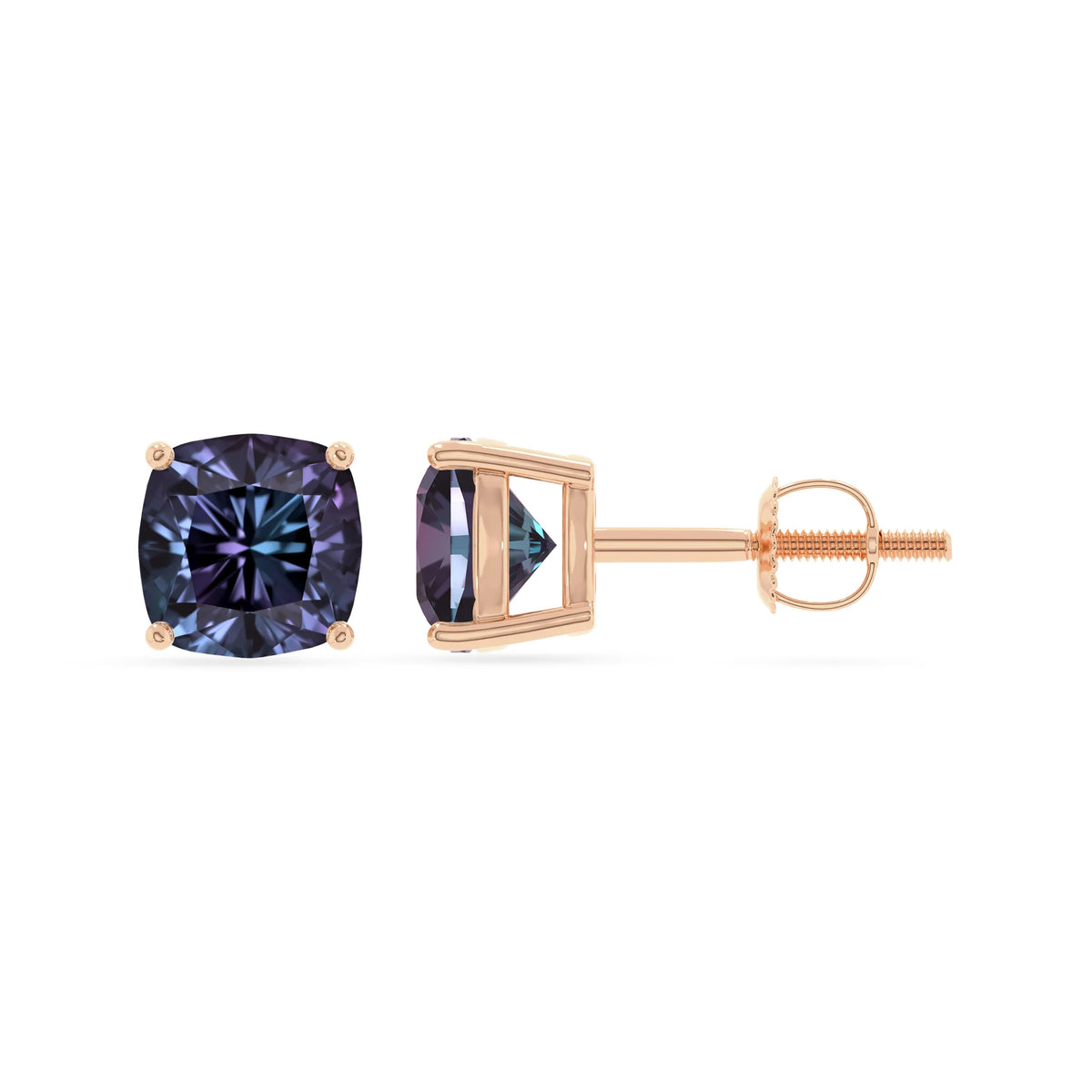 lab grown alexandrite cushion stud earrings in rose gold 