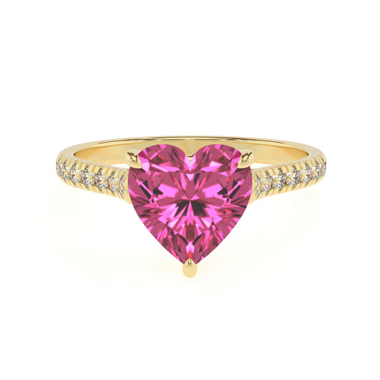 lab grown pink-sapphire heart half eternity solitaire engagement rings in yellow gold 