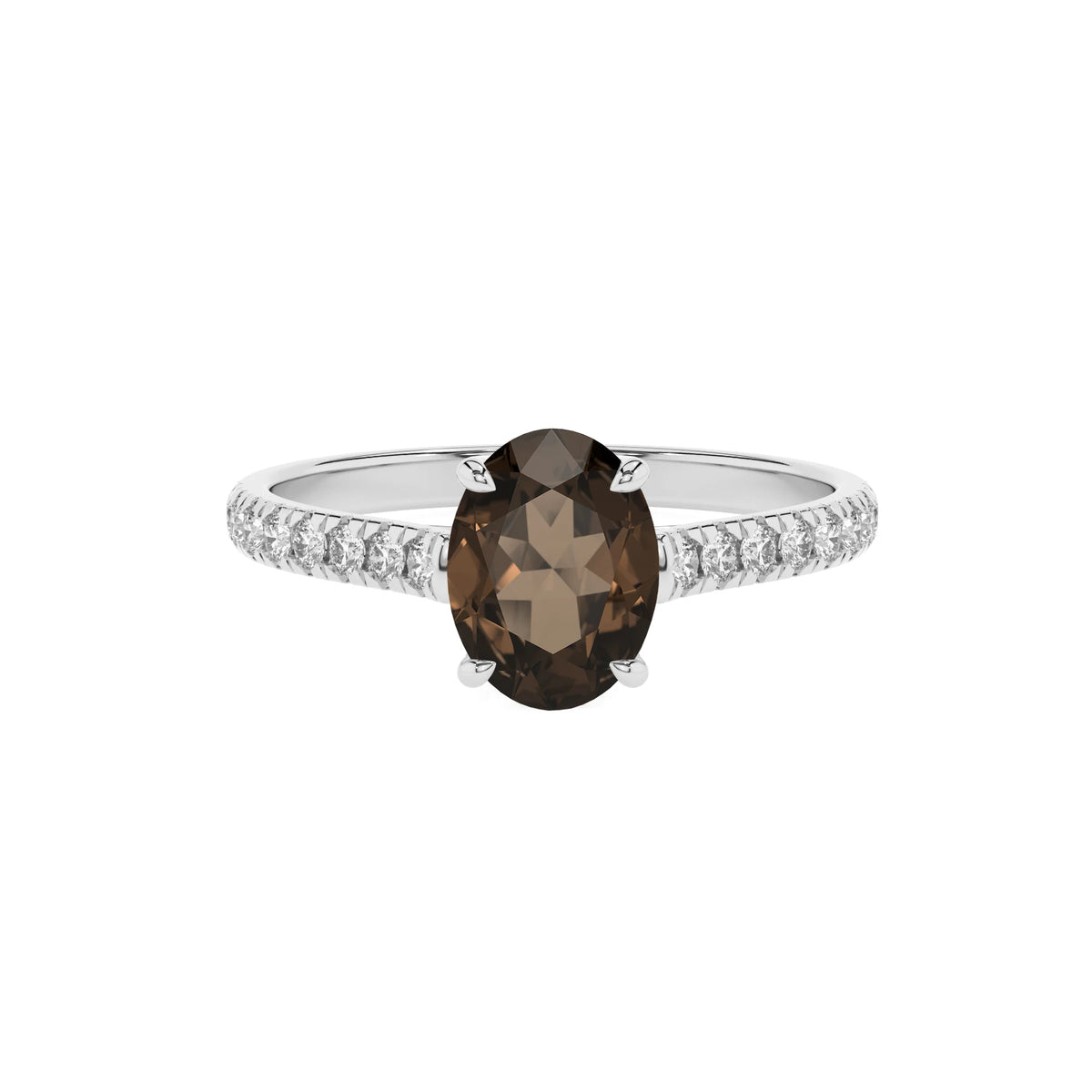 natural smoky-quartz oval half eternity solitaire engagement rings in platinum 