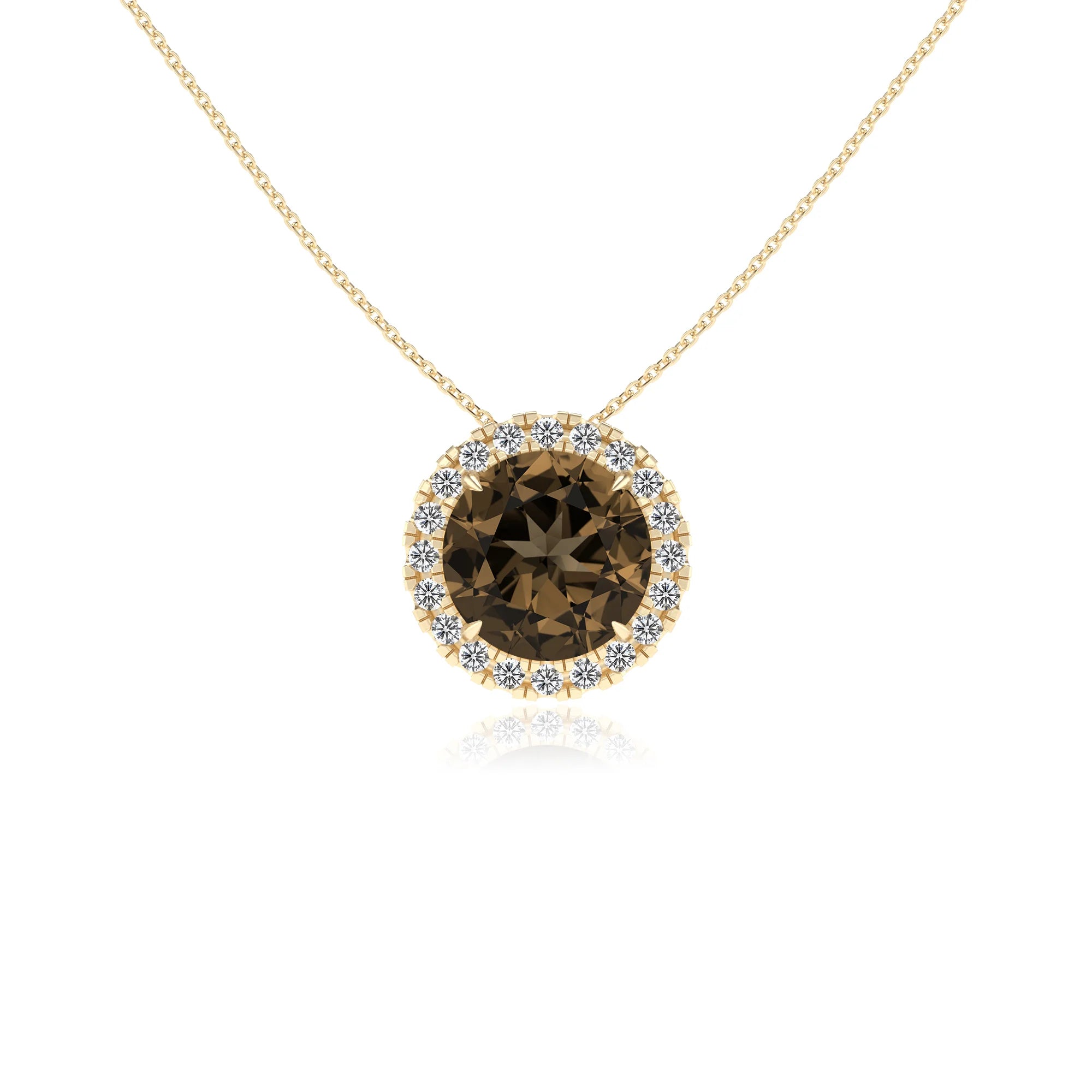 natural smoky quartz round solitaire necklaces in yellow gold 
