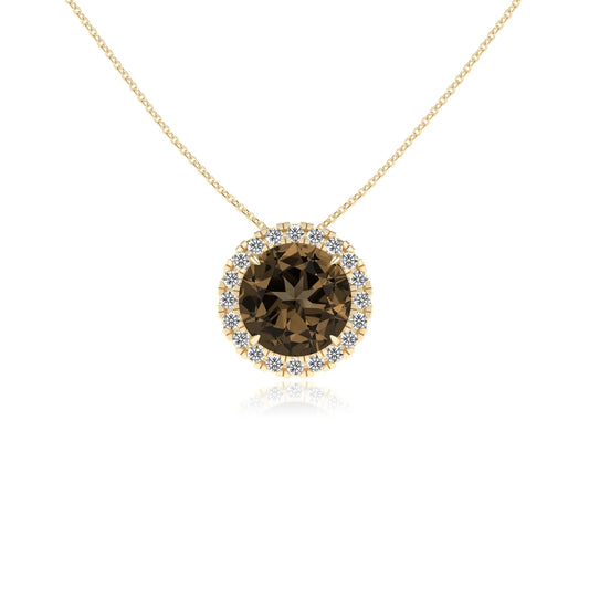 natural smoky quartz round solitaire necklaces in yellow gold 