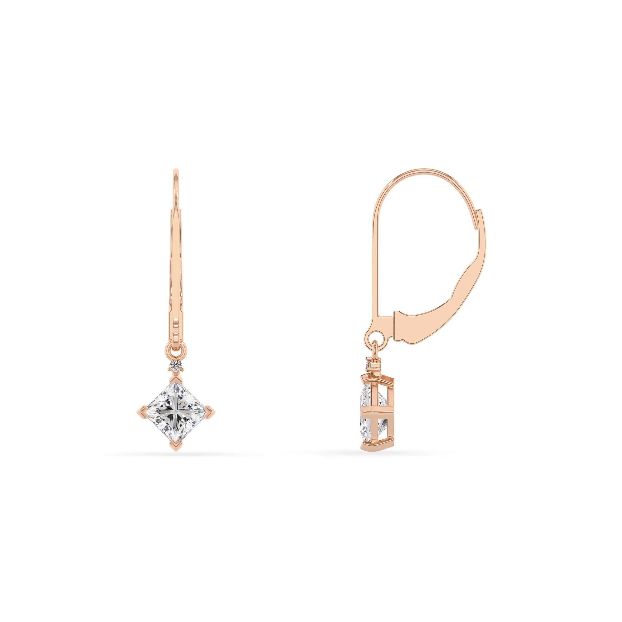 lab grown moissanite princess drop earrings in rose gold 