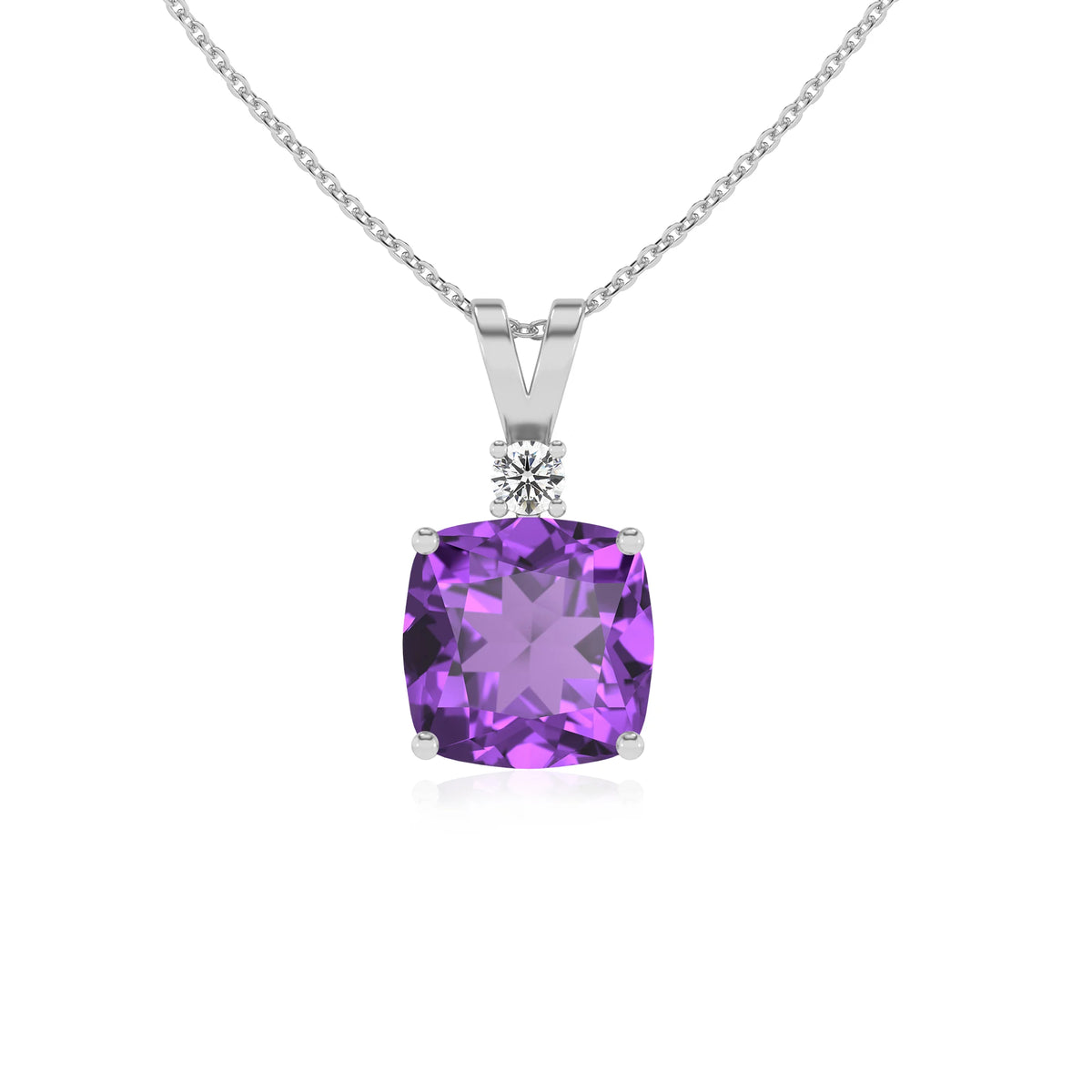 lab grown amethyst cushion solitaire v-bale necklaces in sterling silver 