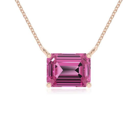 lab grown pink-sapphire emerald cut solitaire necklaces in rose gold 