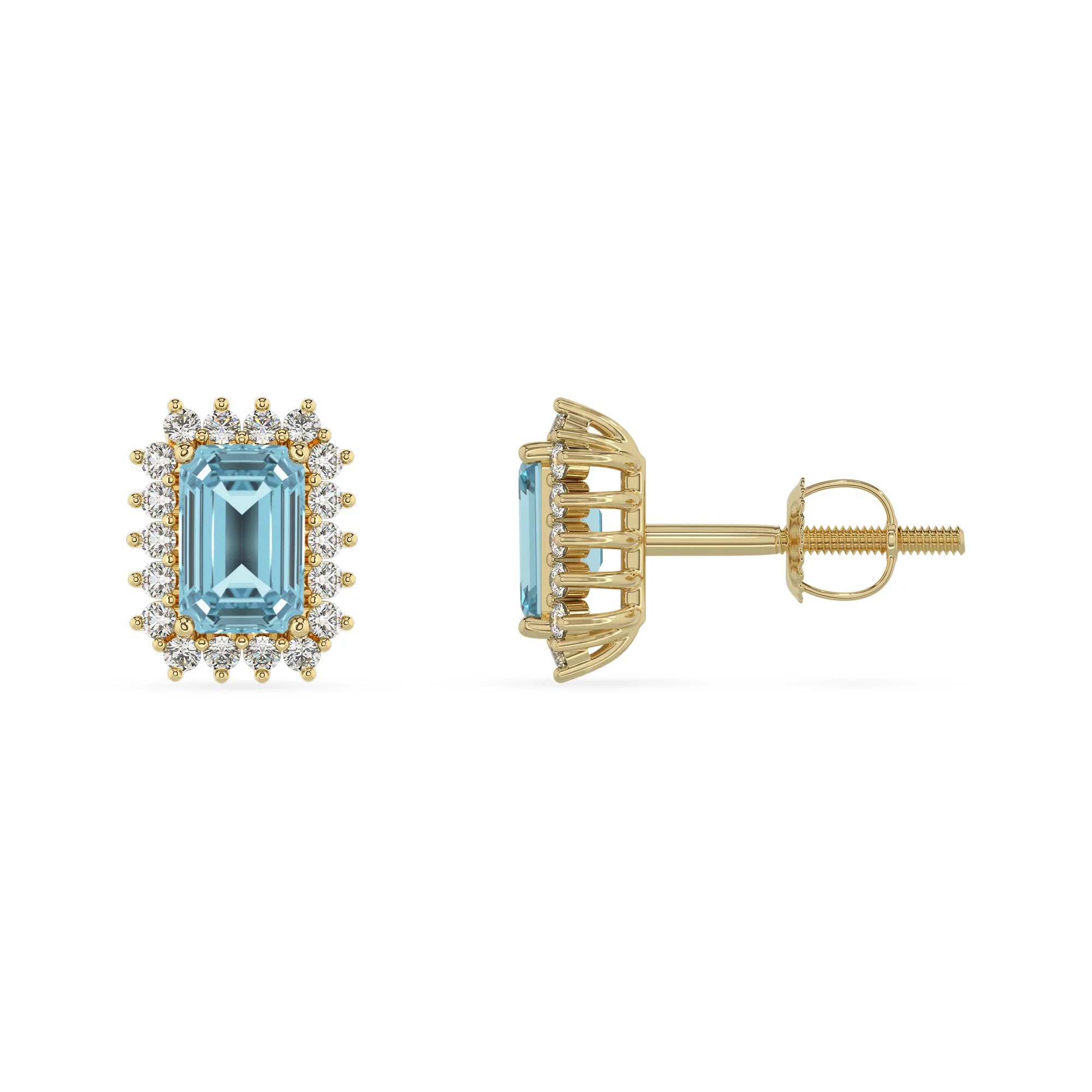 lab grown aquamarine emerald cut stud earrings in yellow gold 