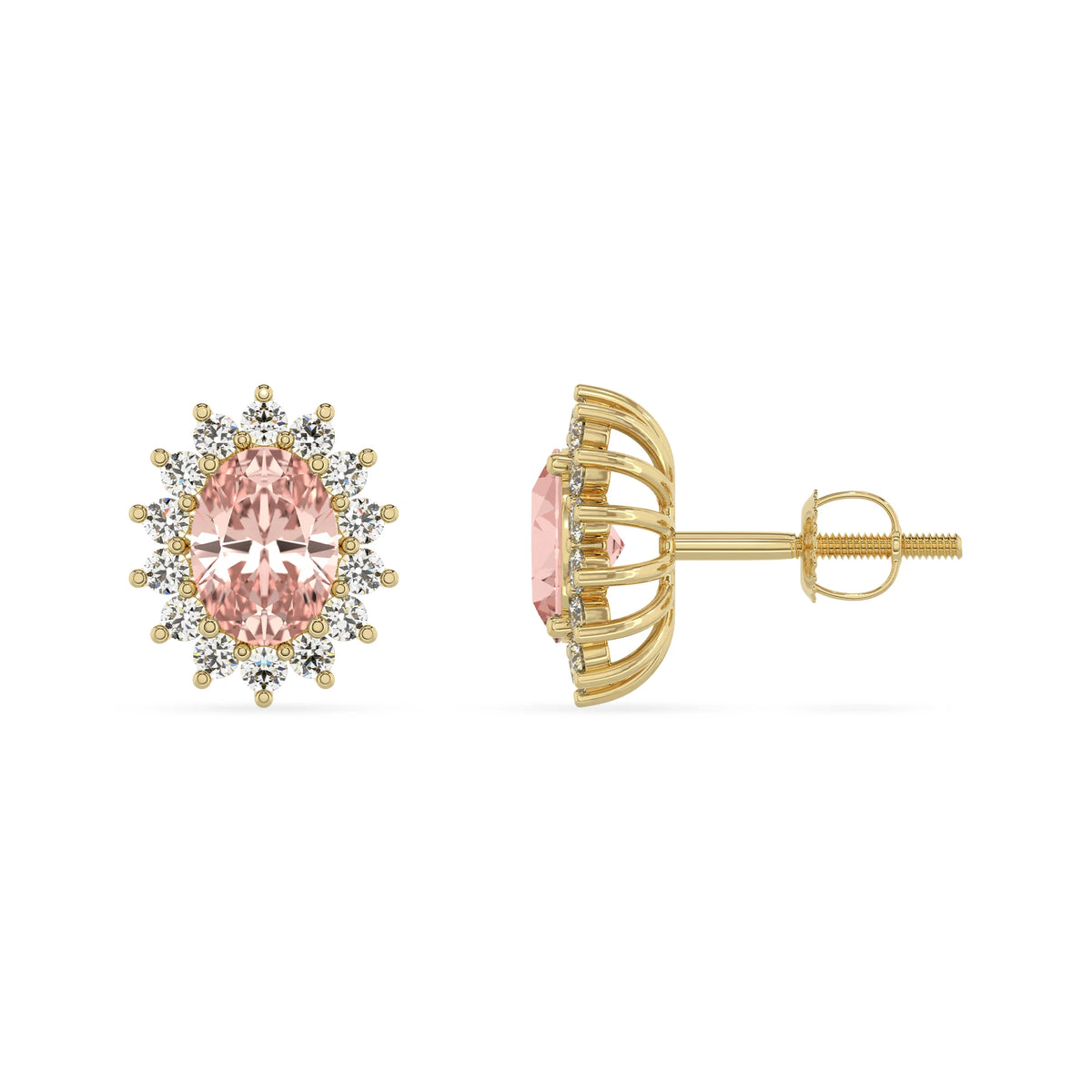 lab grown morganite oval stud earrings in yellow gold 