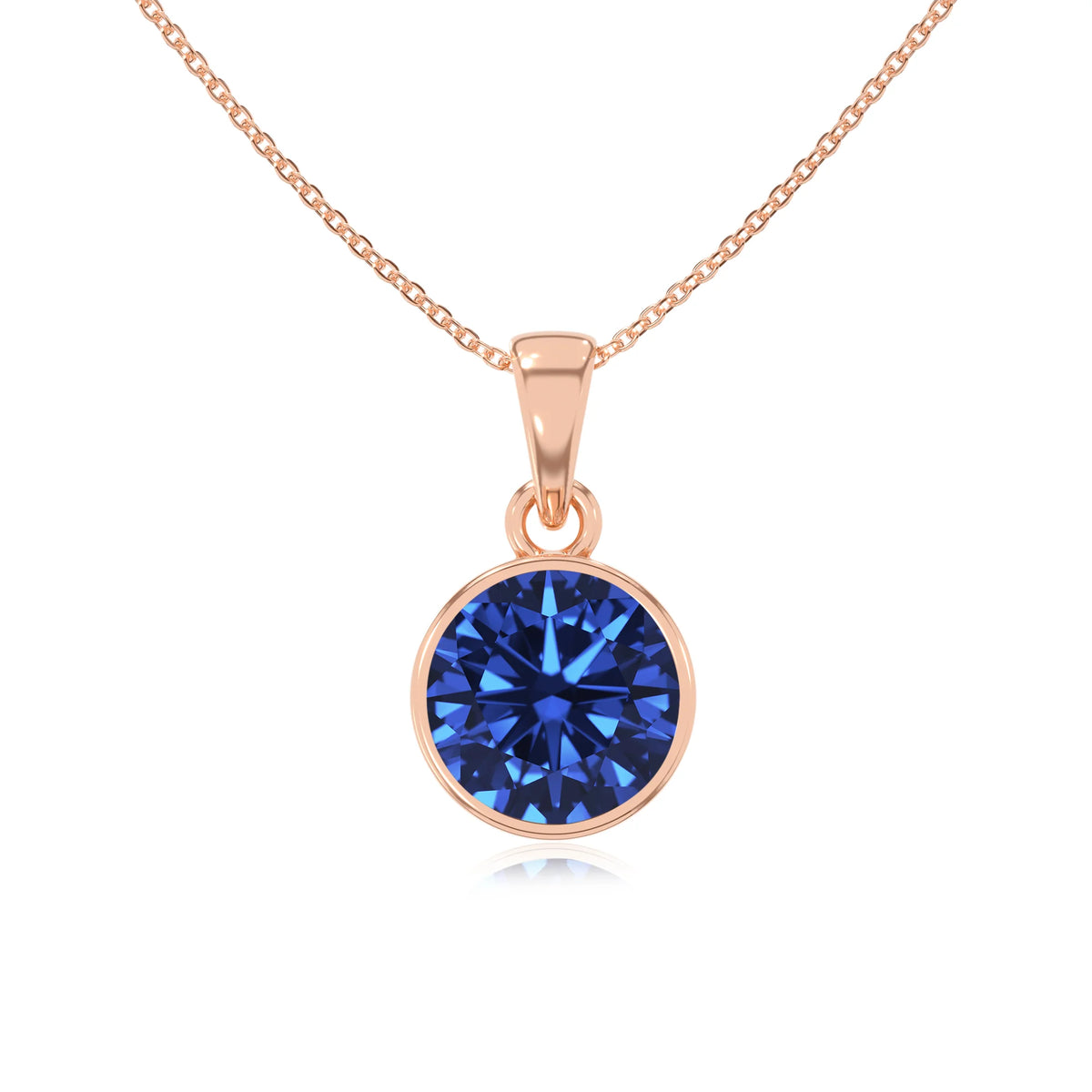 lab grown blue-sapphire round solitaire necklaces in rose gold 