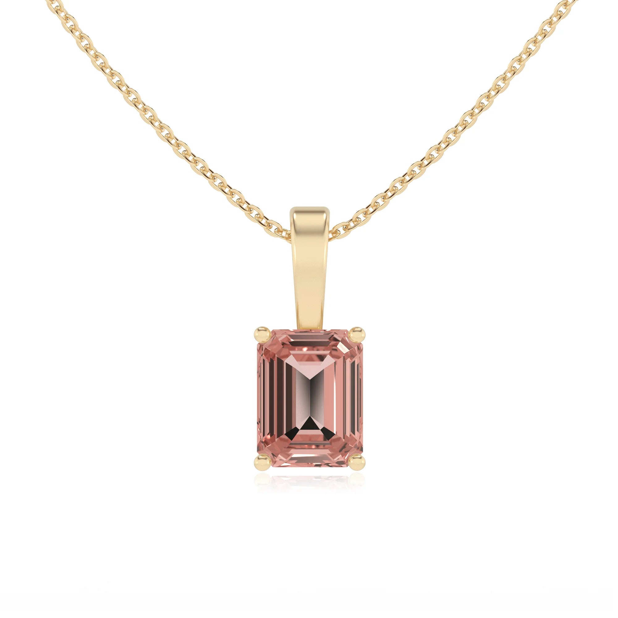lab grown morganite emerald cut solitaire necklaces in yellow gold 